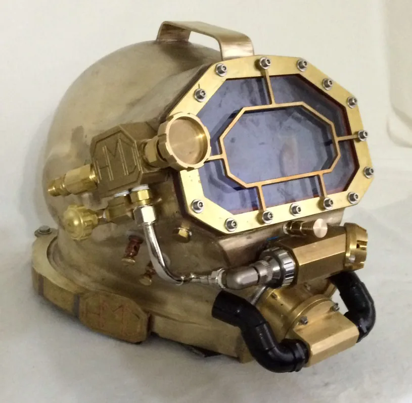 Commercial diver wearing a Gladiator silicon bronze diving helmet